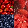 A collage of four different fruits: apples, strawberries, blackcurrants, and grapefruit segments. Voir les images du produit