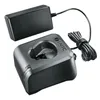 A black Bosch battery charger and power adapter are shown on a white background. Produktbild-Vorschau