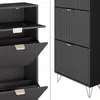 A collage showing a black shoe cabinet with gold handles and legs. One side shows the cabinet from the front with two drawers closed, and the other side shows a partial view of the cabinet from the side with drawers open. Podgląd zdjęcia produktu