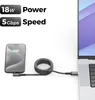 A USB-A to USB-C cable is shown connecting a smartphone to a laptop, with text highlighting its power and speed. Produktbild-Vorschau