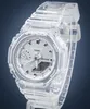 A close-up studio shot of a transparent Casio G-Shock watch against a dark blue background. Voir les images du produit