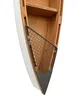 A close-up view of a wooden shelf designed in the shape of a boat, with a metal mesh insert at the front. Podgląd zdjęcia produktu