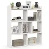 A white geometric bookshelf with various decorative items and books on its shelves. Produktbild-Vorschau