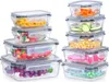 A set of glass food storage containers filled with various foods, stacked and arranged against a white background. Podgląd zdjęcia produktu