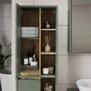 A tall, narrow bathroom cabinet with open shelves, displaying various toiletries and towels. Náhled obrázku produktu