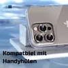 Close-up of a phone's camera lenses with decorative rings, set against a blurred blue and white background. Anteprima dell’immagine prodotto