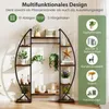 A multi-tiered plant stand with decorative items and plants displayed on it, with text overlays describing its features and uses. Náhľad obrázku produktu