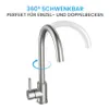 A kitchen faucet with a rotating spout, shown against a white background with text highlighting its features. Produktbild-Vorschau