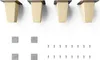 Four wooden furniture legs and accompanying hardware are displayed against a white background. Produktbild-Vorschau