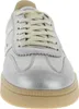 A close-up, front-facing view of a silver sneaker with beige laces and sole. Produktbild-Vorschau