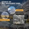 A camouflage laser rangefinder is shown in a natural outdoor setting with mountains and water in the background. Insets show close-ups of the rangefinder's display and its measurement capabilities. Produktbild-Vorschau