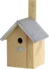 A wooden birdhouse with a metal roof, mounted on a wooden post. Produktbild-Vorschau