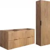 A bathroom vanity set consisting of a base cabinet with drawers and a tall cabinet, both with a ribbed wood-grain finish. Produktbild-Vorschau