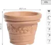 A terracotta pot with decorative floral patterns and dimensions indicated. Voir les images du produit