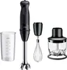 A black and silver hand blender set with accessories, including a beaker, whisk, and chopper attachment, displayed against a white background. Anteprima dell’immagine prodotto