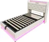 A white bed frame with a tufted headboard and wooden slats, illuminated by pink LED lights around the base and headboard. Voir les images du produit