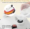 A hand is pouring water into a funnel attached to a white steam cleaner. A close-up inset shows the steam cleaner with glowing red and yellow heat elements. Produktbild-Vorschau