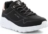 A single black Skechers Uno Lite sneaker with white soles and rose gold accents. Voir les images du produit