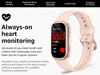 A pink smartwatch with a gold-toned casing is shown with marketing text and feature highlights. Produktbild-Vorschau
