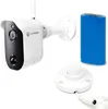 A white security camera with a black front, an antenna, and a white mounting bracket is shown next to a blue battery pack and a white circular base with a cable. The product is displayed against a white background. Produktbild-Vorschau
