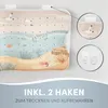 A close-up marketing image of a children's bath mat with an underwater theme, showing included hooks for drying and storage. Produktbild-Vorschau