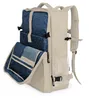 A beige backpack with blue patterned inserts, shown open to reveal compartments. Anteprima dell’immagine prodotto