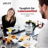 A breakfast scene with a woman and a man, featuring a glass kettle and various food items. Produktbild-Vorschau
