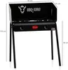 A black gas grill table with two burners and a wind guard, shown from the front with dimensions indicated. Produktbild-Vorschau