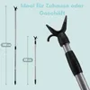 The image shows a telescopic pole with a hook attachment, presented in two different lengths, along with a close-up of the hook. Text indicates it's ideal for home or business. Produktbild-Vorschau