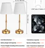 Two gold table lamps with white shades are shown, along with dimensions and technical specifications for a battery-powered device. Produktbild-Vorschau