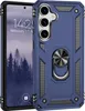 A blue phone case with a ring holder is shown next to a smartphone displaying a lock screen. Produktbild-Vorschau