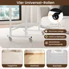 A white rolling desk with a shelf, shown on a light-colored carpet, with close-ups of its wheels and different floor types. Anteprima dell’immagine prodotto