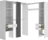A white modular wardrobe system with shelves, drawers, and a hanging rail, partially obscured by a gray curtain. Produktbild-Vorschau