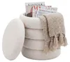 Sitz- & Fußhocker Boho mit Stauraum aus Teddy-Stoff in Creme, Gesamtansicht mit geöffnetem Deckel, von vorne.