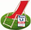 A red deck chair on a circular patch of grass with a product review badge.