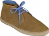 A single brown suede chukka boot with blue laces and blue patterned lining, shown from a diagonal angle on a white background.