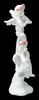 A white sculpture of two cherubs stacked on top of each other, with pink roses around their heads, against a black background. Produktbild-Vorschau