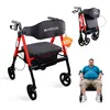 A collage of images showing a red rollator with a seat and backrest, a folded version of the rollator, and a man sitting on a similar rollator.