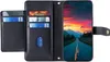 A black leather wallet-style phone case is open, showing card slots and a phone screen displaying a landscape image. Produktbild-Vorschau