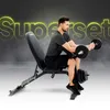 A man is using a weight bench with barbells to perform bicep curls. The background is dark with a smoky effect and neon text. Náhľad obrázku produktu