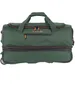 A green duffel bag with wheels and handles, shown from the front against a white background. Produktbild-Vorschau