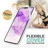 A woman is doing yoga in the background, while a clear phone case is shown in the foreground. Produktbild-Vorschau