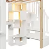Close-up view of a white bunk bed with built-in wooden steps and storage compartments. Produktbild-Vorschau