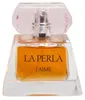 Flakon La Perla J’aime mit facettiertem, rosafarbenem Deckel und gold-orangefarbener Duftflüssigkeit in schwerem Glas. Produktbild-Vorschau