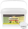 A white plastic tub of citric acid powder with a label showing product details and images. Produktbild-Vorschau