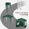 A collage of images showing a green gazebo in different stages of assembly and use, with text indicating ease of assembly. Produktbild-Vorschau
