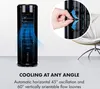 A tall, black tower fan is shown with blue air flow graphics emanating from it. A circular inset shows a hand adjusting louvers on the fan, with arrows indicating movement. A chair is visible in the background. Náhled obrázku produktu