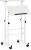 A white adjustable standing desk with wheels. Podgląd zdjęcia produktu