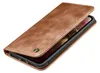 A brown leather flip case for a smartphone, shown from a diagonal angle with the cover partially open. Produktbild-Vorschau