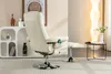 A beige massage chair with an ottoman is shown in a living room setting, next to a shelf with decorative items and a side table with a vase of flowers. Produktbild-Vorschau